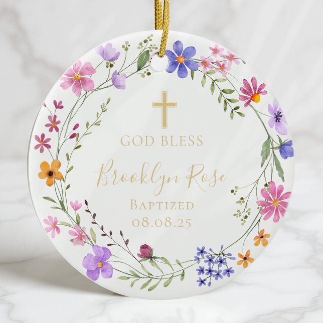 Personalised Floral Wildflower Baptism Photo Ceramic Ornament (Creator Uploaded)