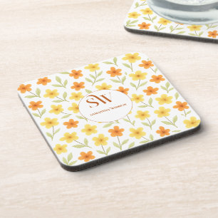 Personalised Floral with Orange & Yellow Flowers Coaster
