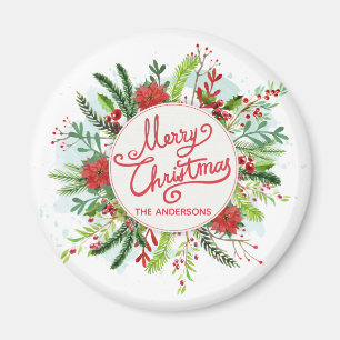 Personalised Floral Wreath Christmas   Magnet