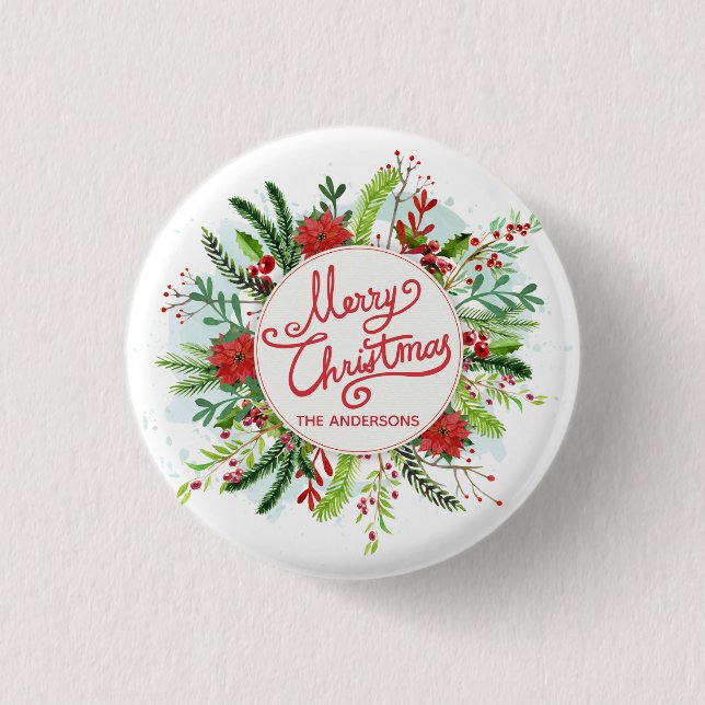 Personalised Floral Wreath Christmas Pin Button (Front)