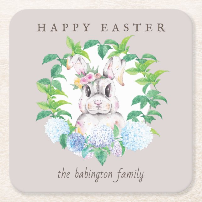 Personalised Floral Wreath Easter Square Paper Coaster (Front)