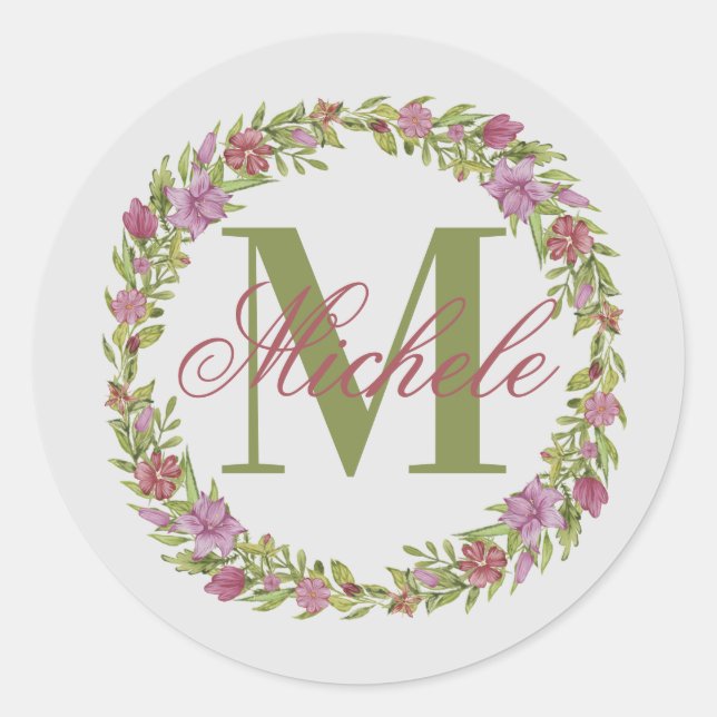 Personalised Floral Wreath Last Name Monogram Classic Round Sticker (Front)