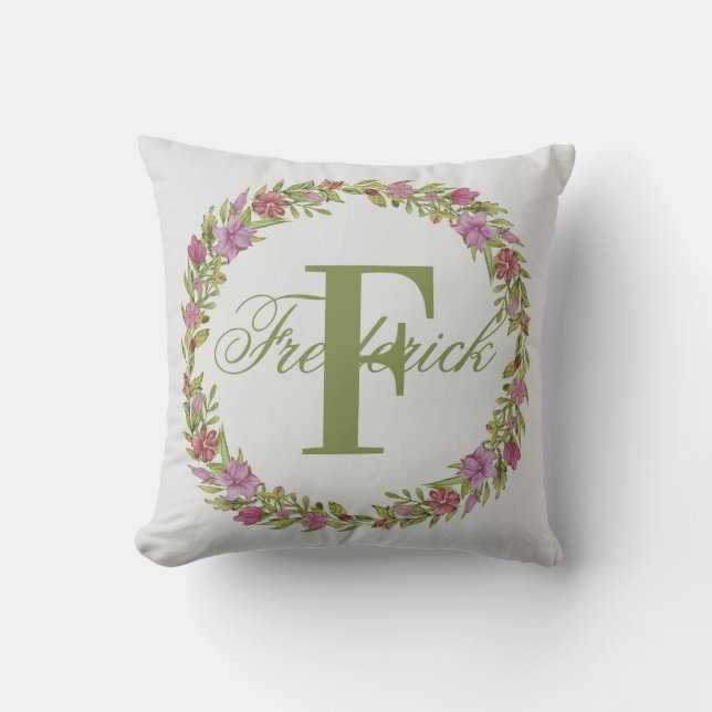 Personalised Floral Wreath Last Name Monogram Cushion (Front)