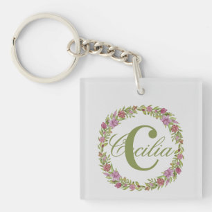 Personalised Floral Wreath Last Name Monogram Key Ring