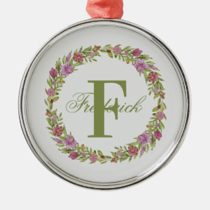 Personalised Floral Wreath Last Name Monogram Metal Ornament