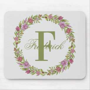 Personalised Floral Wreath Last Name Monogram Mouse Pad
