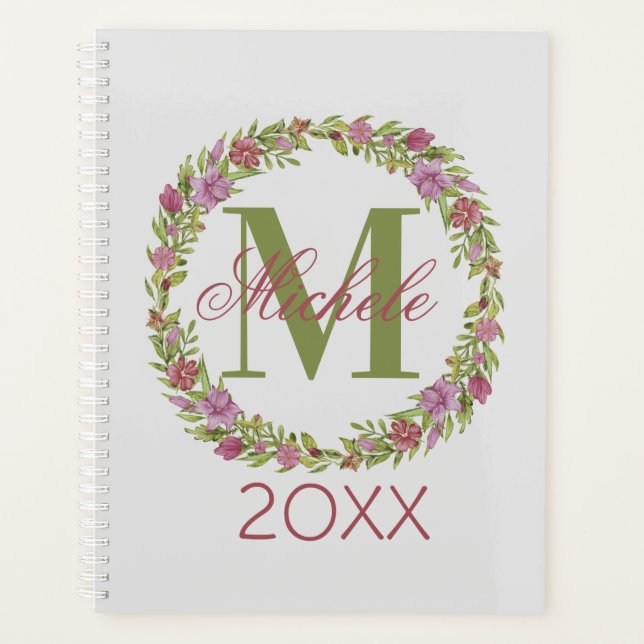Personalised Floral Wreath Last Name Monogram Planner (Front)