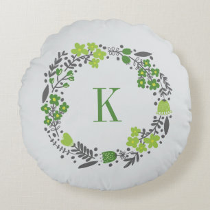 Personalised Floral Wreath Monogram Green Grey Round Cushion
