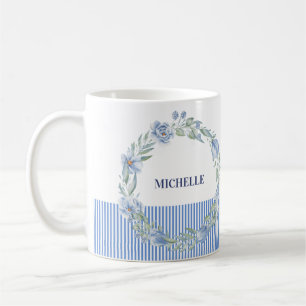 Personalised Floral Wreath Mug with Navy Stripes