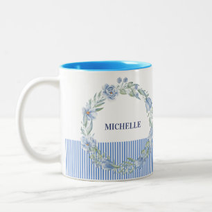 Personalised Floral Wreath Mug with Navy Stripes