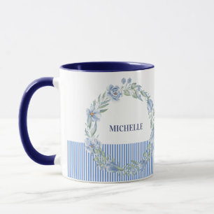 Personalised Floral Wreath Mug with Navy Stripes