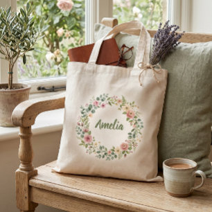 Personalised Floral Wreath Tote Bag Custom Name