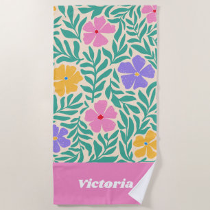 Personalised Flowers Beach Towel 70s Boho Custom