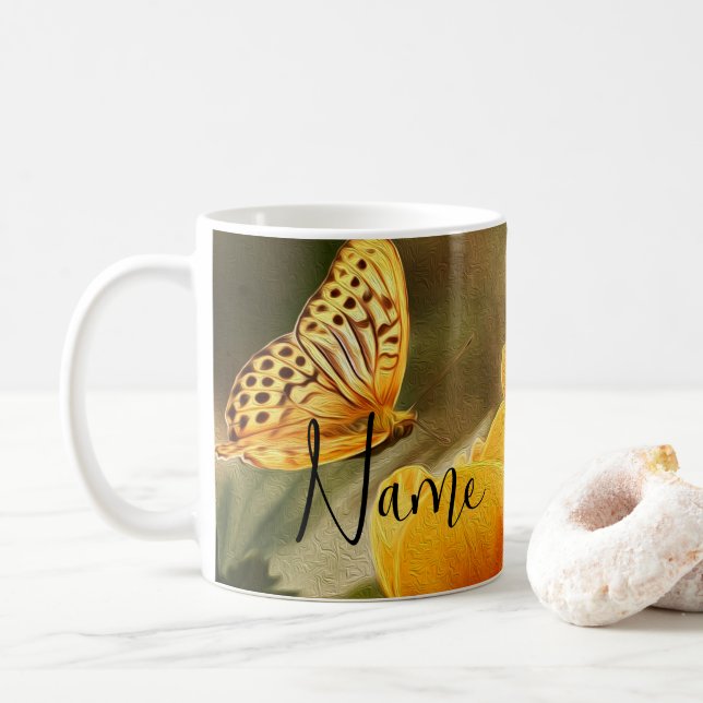 Personalised Flowers Butterfly Design Coffee Mug (With Donut)