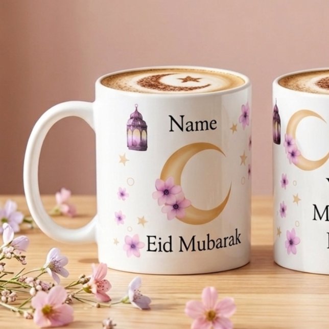 Personalised Flowers Eid Mubarak Ceramic Mug (White ceramic mug with a golden crescent moon and purple flowers, showing the customizable name area)