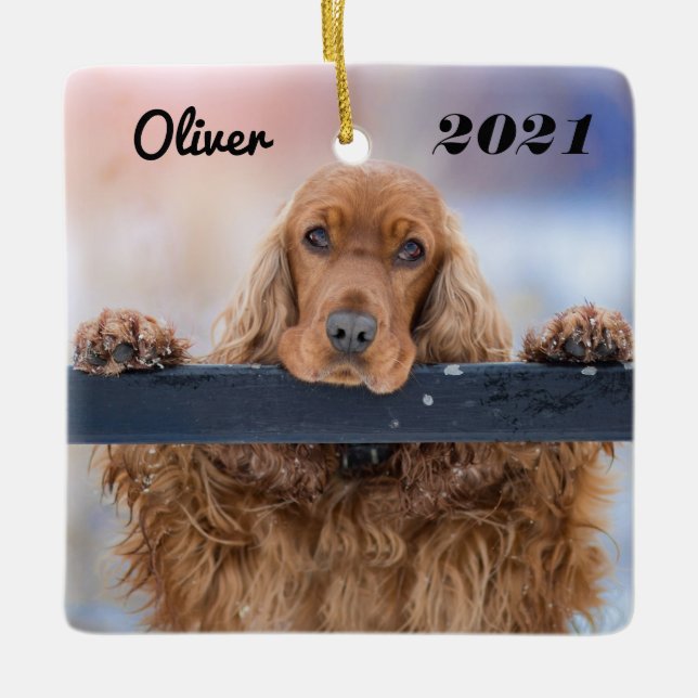 Personalised Fluffy Brown Cocker Spaniel Dog Ceramic Ornament (Front)