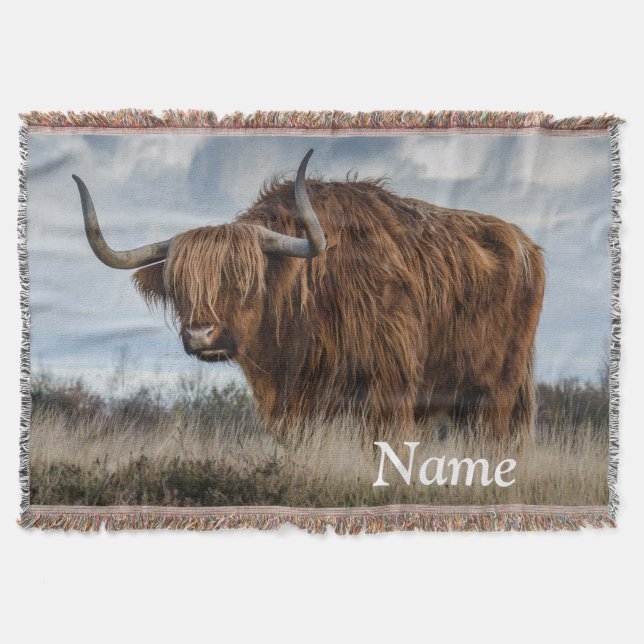 Personalised Fluffy Scottish Highland Cow Throw Blanket (Front)