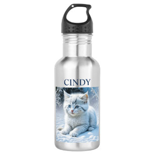 Personalised Fluffy White Kitten in Snow 532 Ml Water Bottle
