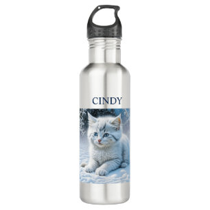 Personalised Fluffy White Kitten in Snow 710 Ml Water Bottle