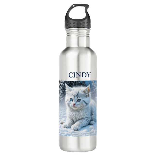 Personalised Fluffy White Kitten in Snow 710 Ml Water Bottle (Front)