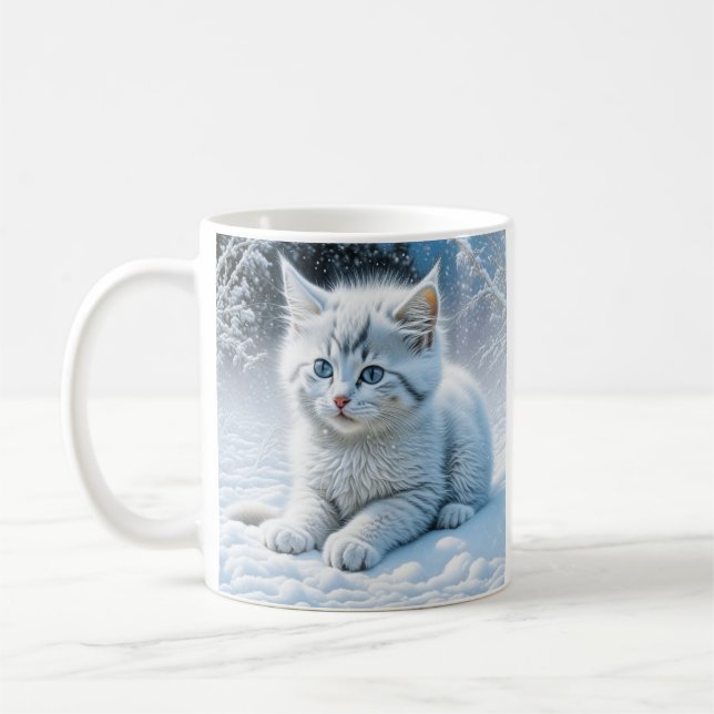 Personalised Fluffy White Kitten in Snow Coffee Mug (Left)