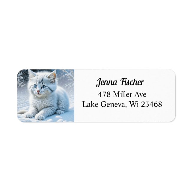Personalised Fluffy White Kitten in Snow Return Address Label (Front)