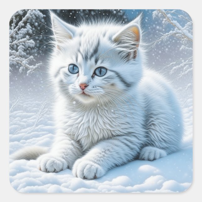 Personalised Fluffy White Kitten in Snow Square Sticker (Front)