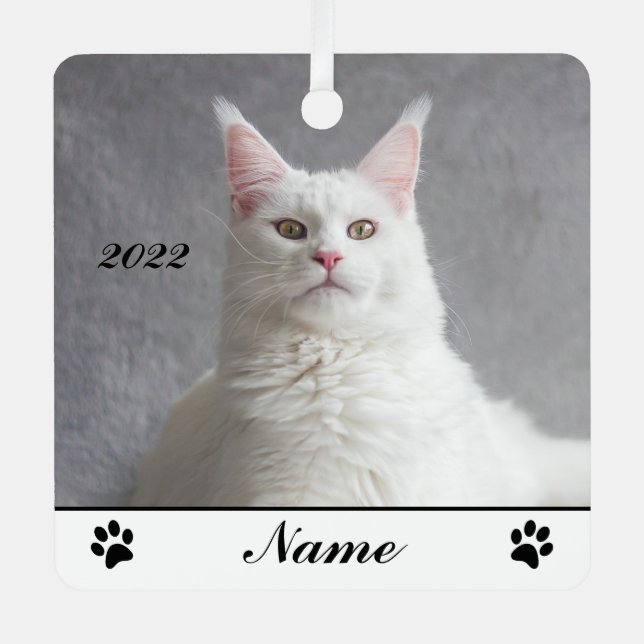 Personalised Fluffy White Maine Coon Cat Metal Tree Decoration (Front)