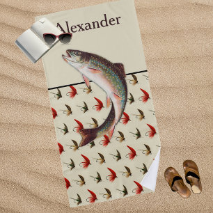 Personalised Fly Fishing Rainbow Trout Rustic Beach Towel