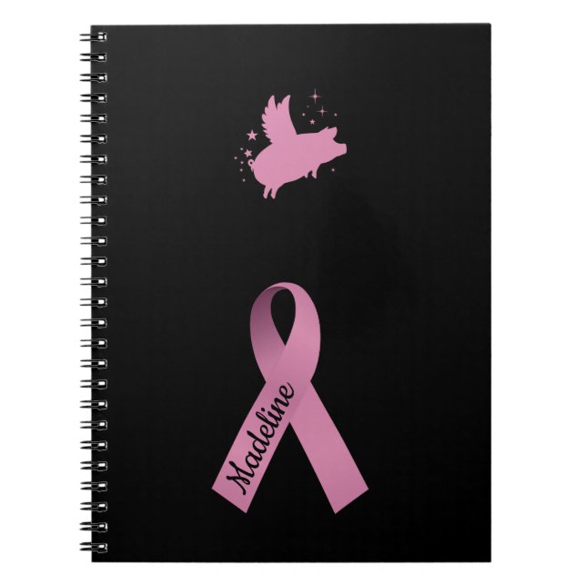 Personalised Flying PIg With Pink Ribbon Notebook (Front)