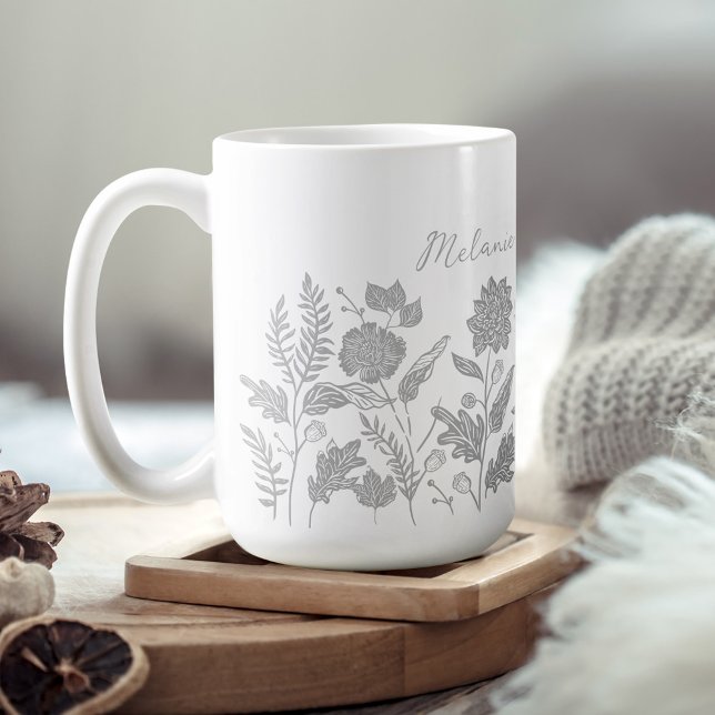 Personalised Foliage Autumn Flowers Grey Coffee Mug (Personalized Foliage Autumn Flowers Grey Coffee Mug)