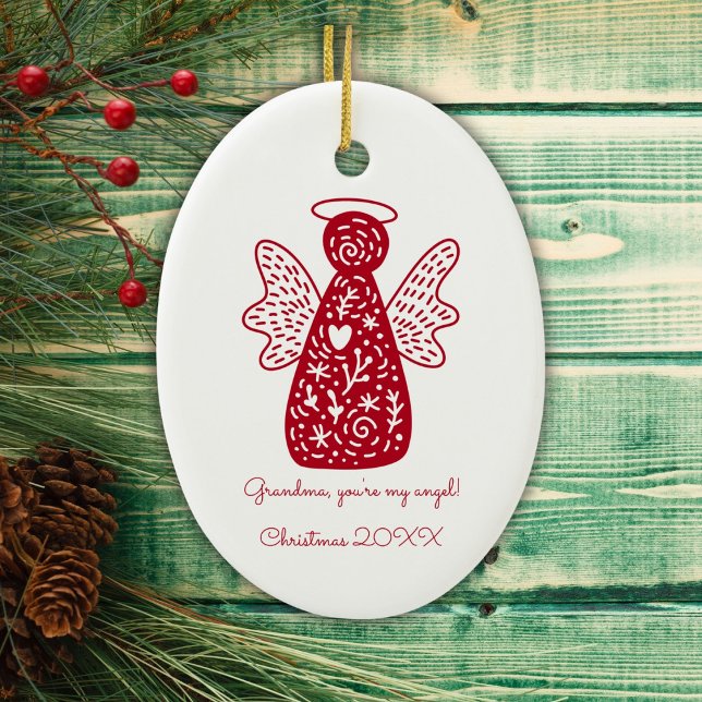 Personalised Folk Art Red Angel Scandinavian Ceramic Ornament (Personalize with a message to someone special and the year.)