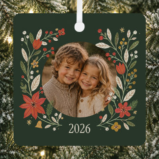 Personalised Folk Floral Family Photo Christmas Metal Tree Decoration