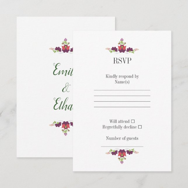 Personalised Folk Floral Wedding RSVP Card (Front/Back)