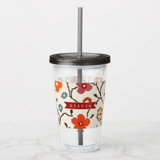 Personalised Folk Scandi Boho Vintage Floral  Acrylic Tumbler