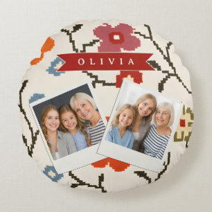 Personalised Folk Scandi Boho Vintage Floral Round Cushion