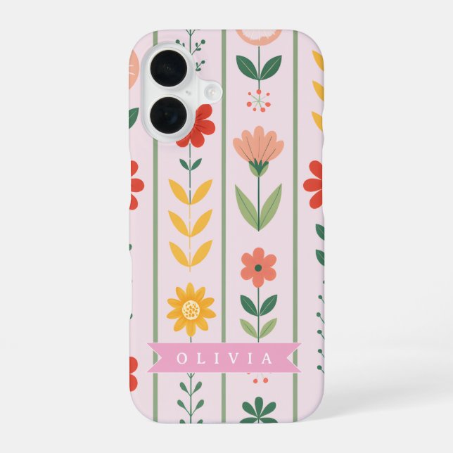 Personalised folk scandinavian floral pattern iPhone 16 case (Back)