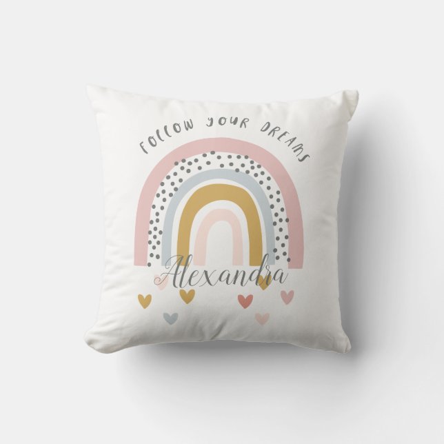 Personalised Follow Your Dreams Pink Rainbow  Name Cushion (Front)