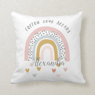 Personalised Follow Your Dreams Pink Rainbow Name Cushion
