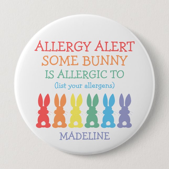 Personalised Food Allergy Alert Easter Bunny Kids 10 Cm Round Badge (Front)