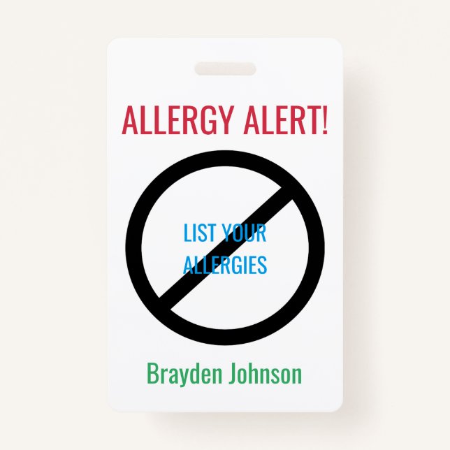 Personalised Food Allergy Alert Kids Medical Alert ID Badge (Front)
