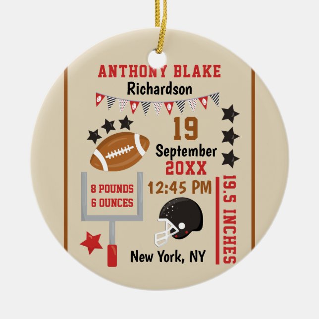 Personalised Football Baby Boy Birth Stats Photo Ceramic Ornament (Front)