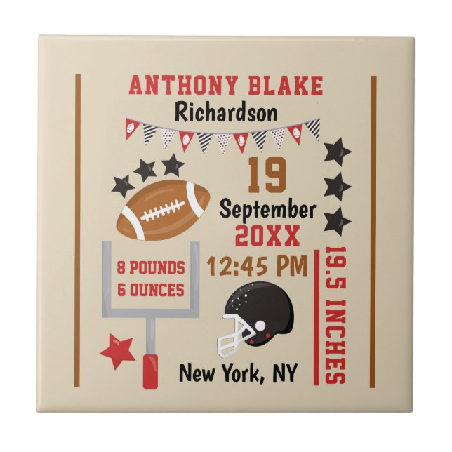 Personalised Football Baby Boy Birth Stats Record Ceramic Tile (Front)