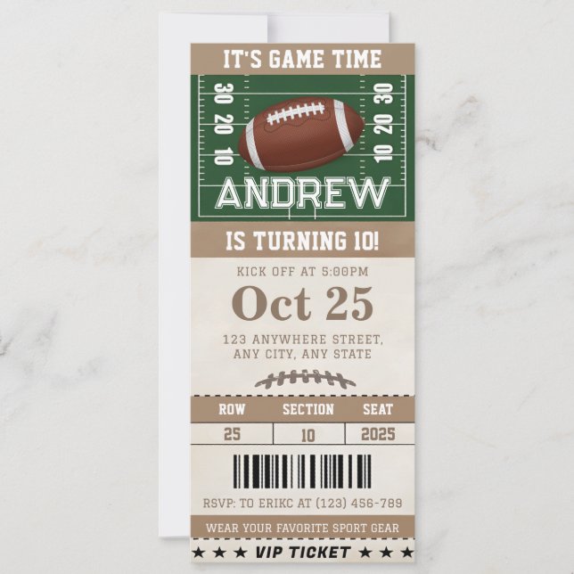 Personalised Football-Themed Birthday Ticket  Invitation (Front)