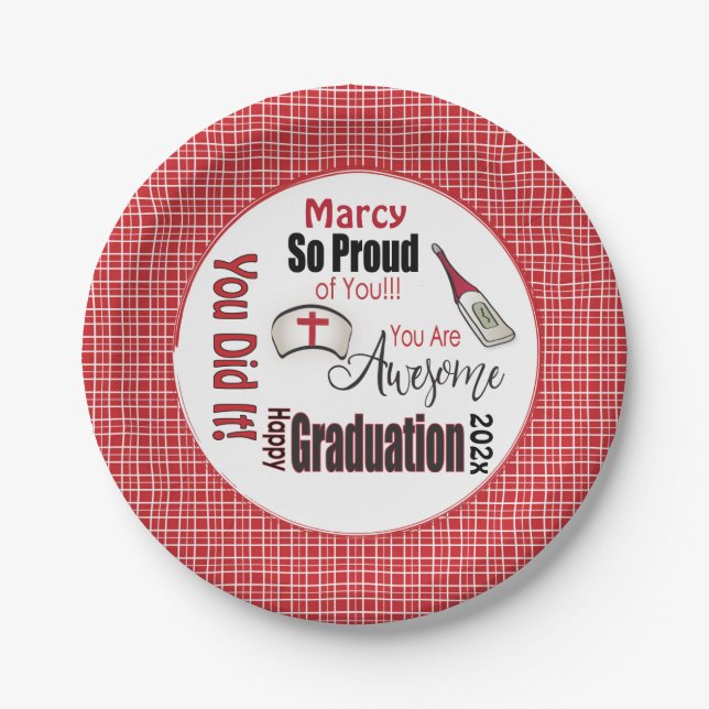 Personalised for Her Red Plaid Nurse Graduation  Paper Plate (Front)