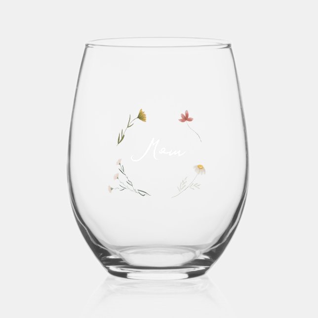 Personalised for Mum Floral Stemless Wine Glass (Front)