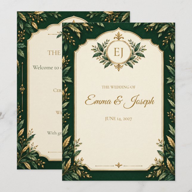 Personalised Forest Green Gold Wedding program (Front/Back)