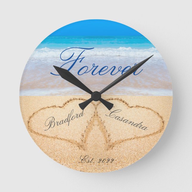 Personalised Forever | Hearts in Sand  Wedding Round Clock (Front)