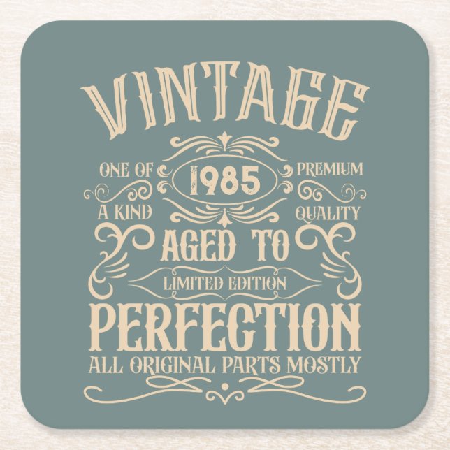 Personalised forty vintage 40th birthday party square paper coaster (Front)