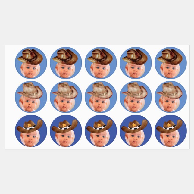 PERSONALISED foto face stickers party cowboy faces (Sheet)